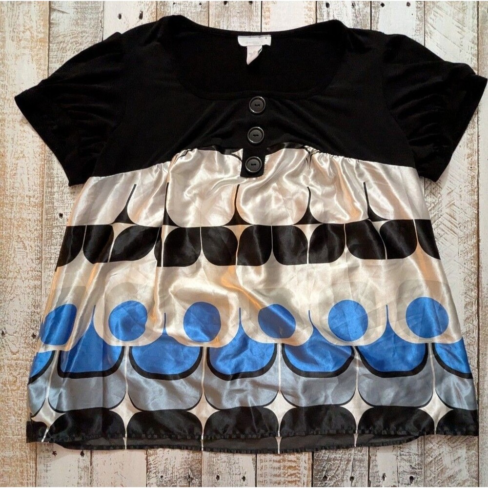 Dressbarn Geometric Satin Tunic Blouse Plus Size 2X Black Blue Short Sleeve
